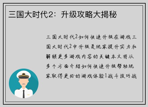 三国大时代2：升级攻略大揭秘