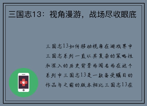 三国志13：视角漫游，战场尽收眼底