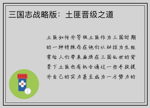 三国志战略版：土匪晋级之道