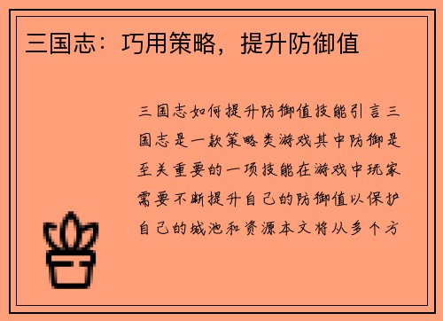 三国志：巧用策略，提升防御值