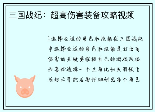 三国战纪：超高伤害装备攻略视频